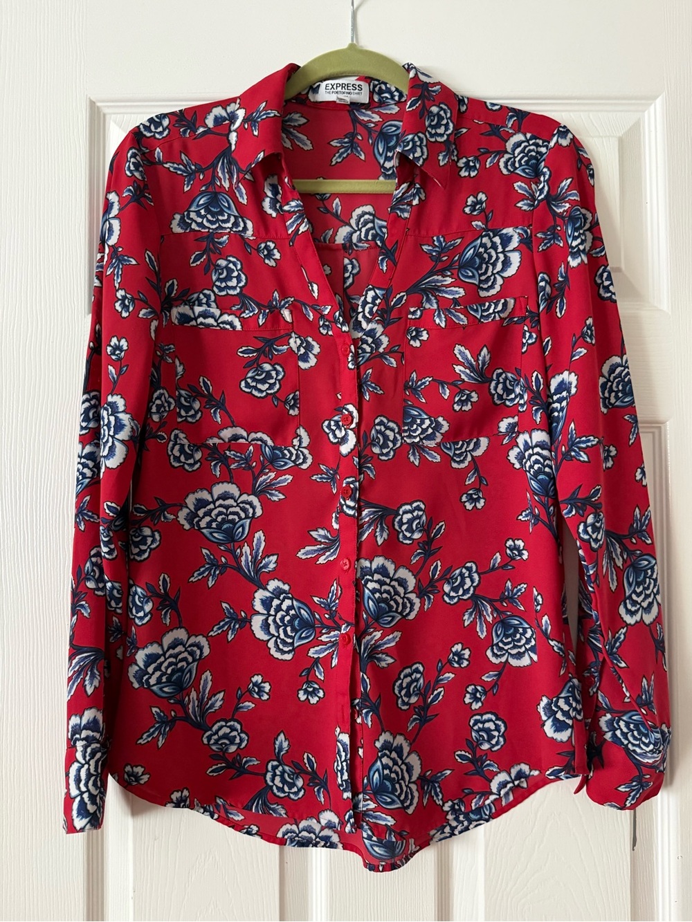 Express Red Floral Button-Down Blouse with Navy and White Print